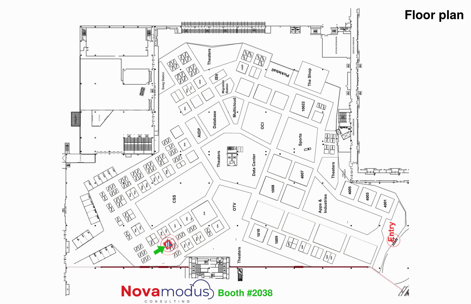 Oracle AI World floor plan with the route from the entry to Novamodus at Booth #2038